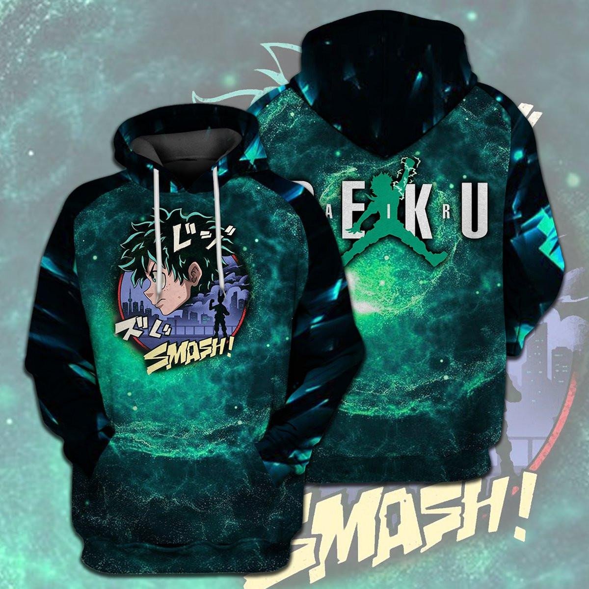 My Hero Academia, Deku Smash Midoriya Izuku Green All Over Print Hoodie 35