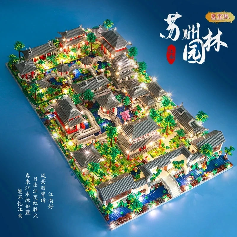 Lezi Architecture Ancient Pavilion Temple Tower Lake Garden Gate LED Light Model Mini Diamond Blocks Bricks Building Toy no Box
